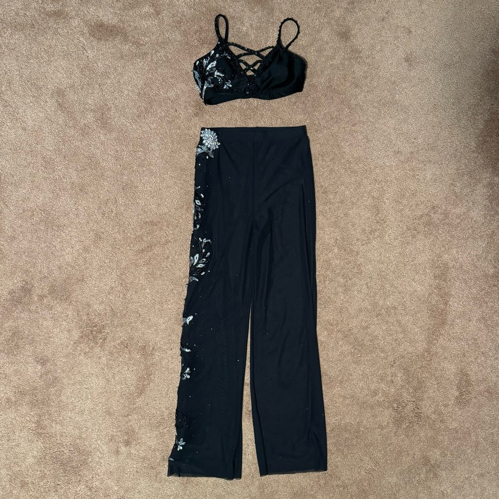 Complete Dance costume with applique and rhinestones, mesh pants criss cross top